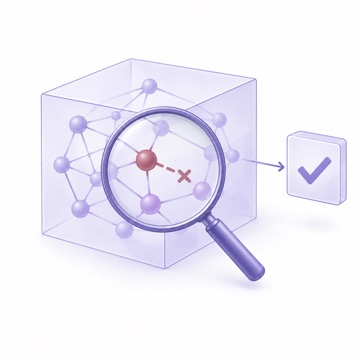 A magnifying lens reveals an internal risk despite a reassuring model output.